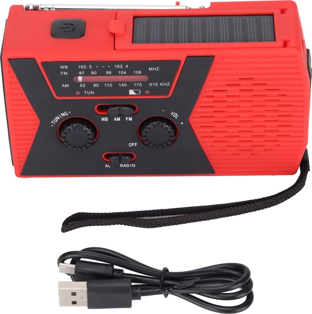 Notfall-Kurbelradio, solarbetriebenes Radio mit 2000-mAh-Akku für Notfälle im Haushalt und im Freien,red