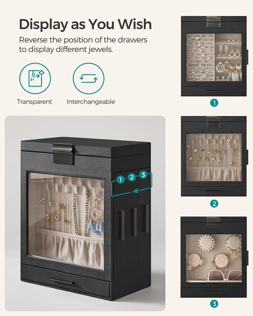 Rangement moderne pour bijoux - Coffret graphite et verre Noir-Argent