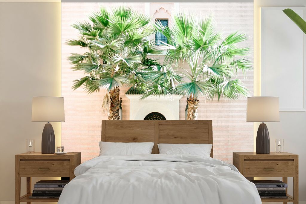MuchoWow Fototapete für Wohnzimmer oder Schlafzimmer Wandtapete Vinyl Motivtapete Tür - Marrakesch - Palme - Weiß - Tropisch - 280x280 cm - Hi...