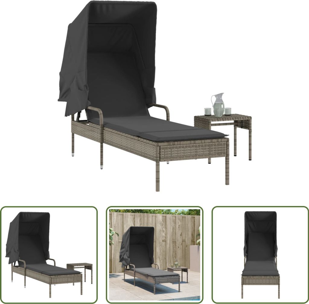The Living Store Sonnenliege mit Dach und Tisch Grau Poly Rattan