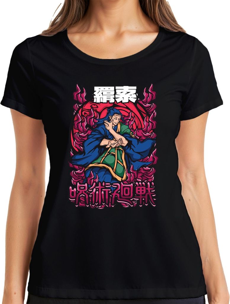 呪術廻戦 Anime Flammen Magier Japanisch Manga Anime Ästhetik Geschenk Damen T-Shirt, Schwarz, S