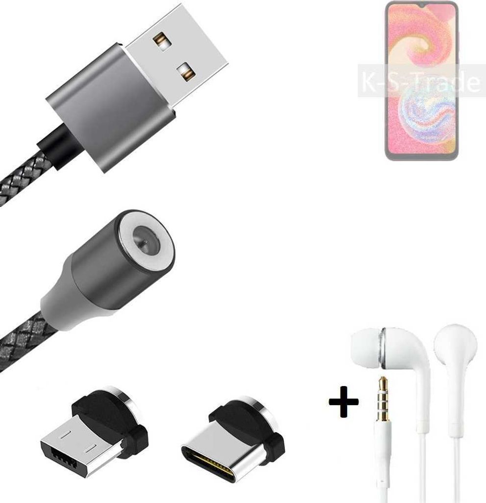 K-S-Trade Hochwertiges Magnet-Lade-kabel Sync-Kabel Daten-Kabel + Kopfhörer kompatibel mit Samsung Galaxy A04e mit USB-Typ-C-Anschluss und