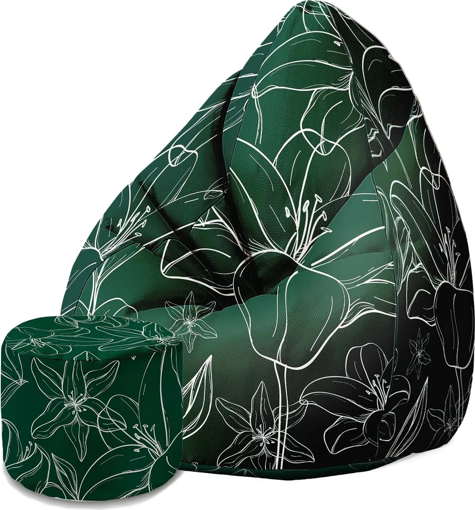 Pouf Poire avec Dossier et Tabouret Coussin de Sol Motif Floral Vert