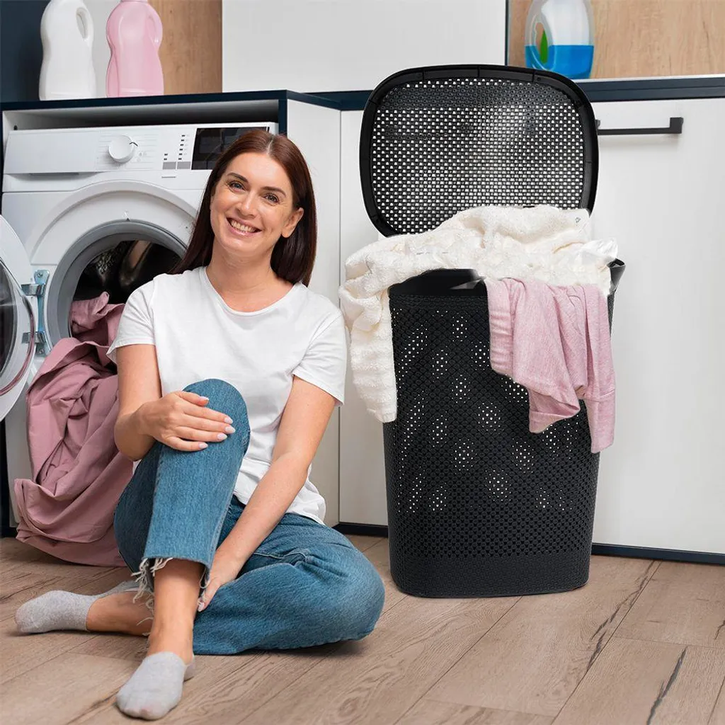 Panier à Linge 60 Litres avec Couvercle Rabattable Noir - Format Compact - 9