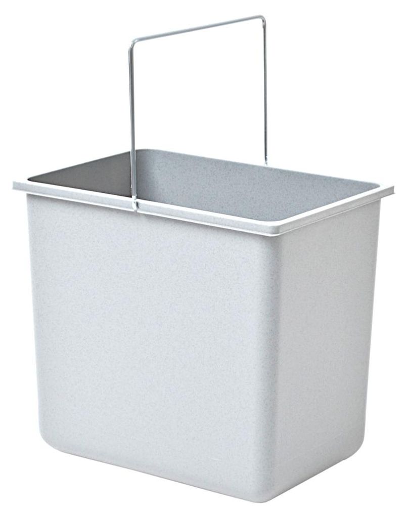 A light gray rectangular bin with a silver handle is shown against a white background.