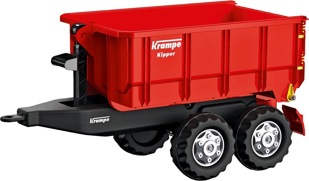 A red toy trailer with the brand name 'Krampe' visible.