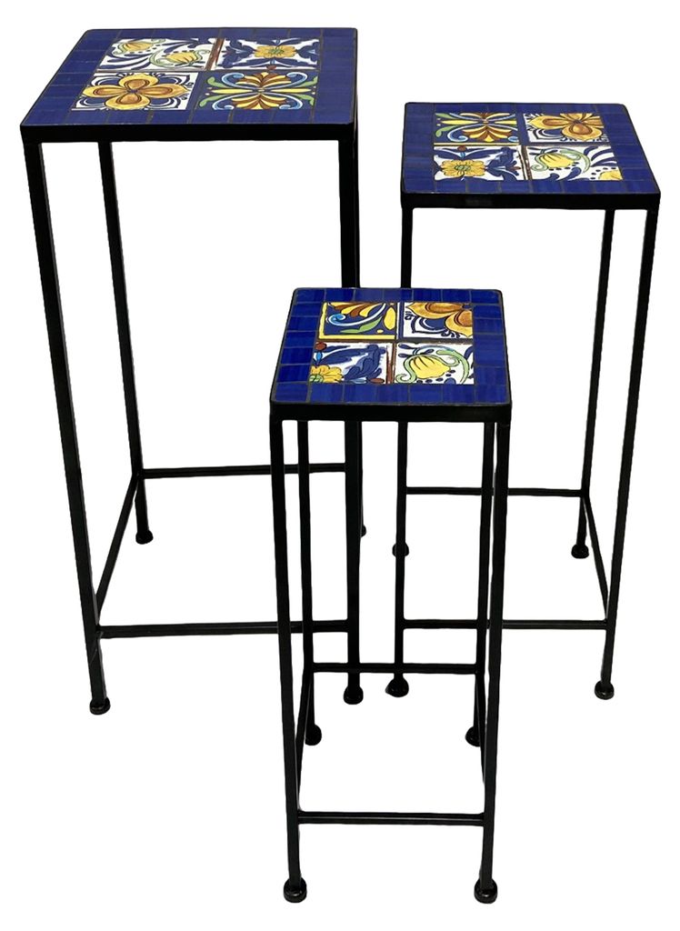 AXI Eline Mosaik Pflanzentisch quadratisch im Mediterranen Stil Blau/Gelb Set 3 Stück | Pflanztisch aus Metall mit eingelegten keramischen Mosaikf...