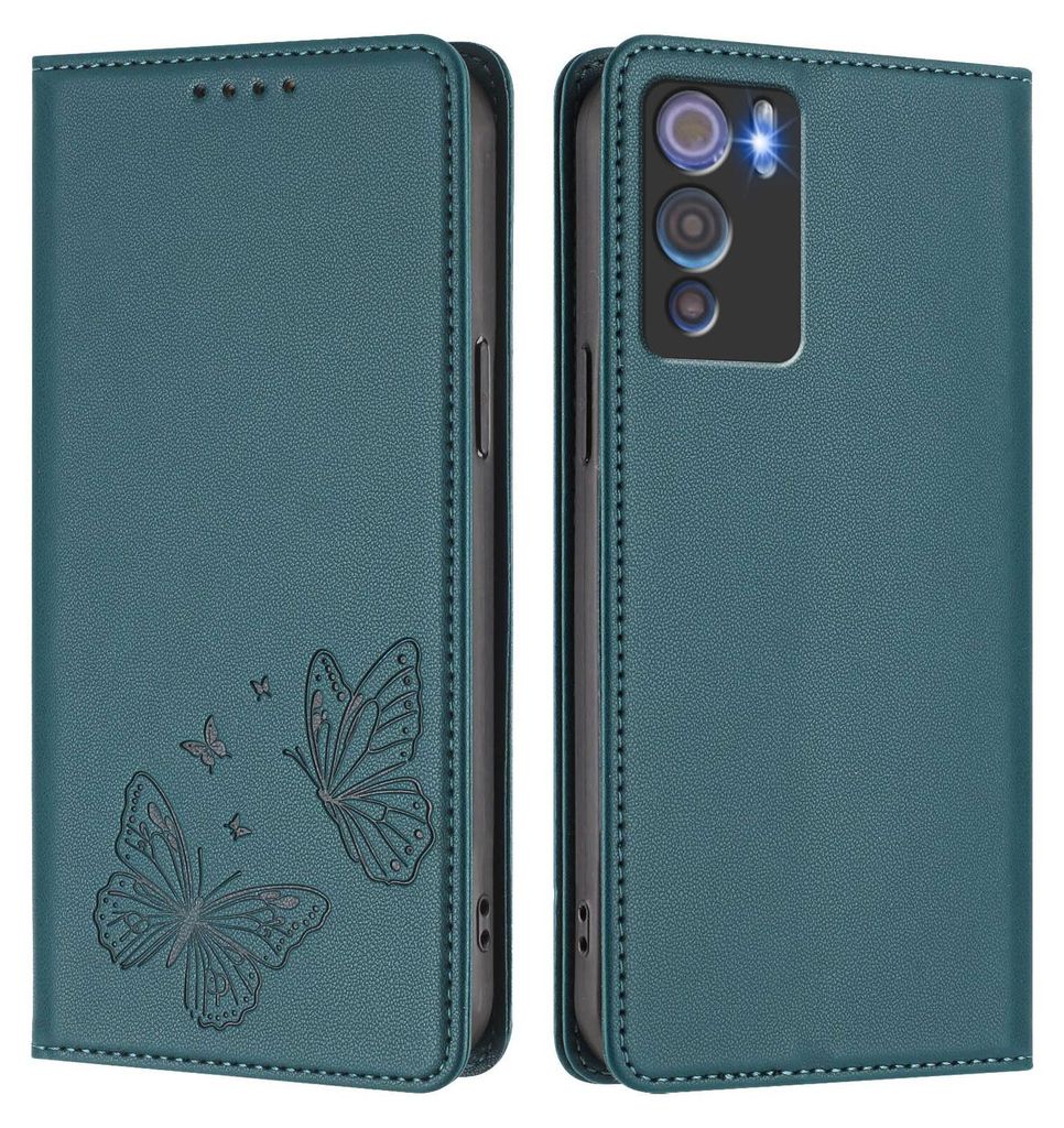 Lederhülle für Doogee N60 Pro, Schmetterling Prägung Leder Brieftasche Schutzhülle mit Ständer Grün