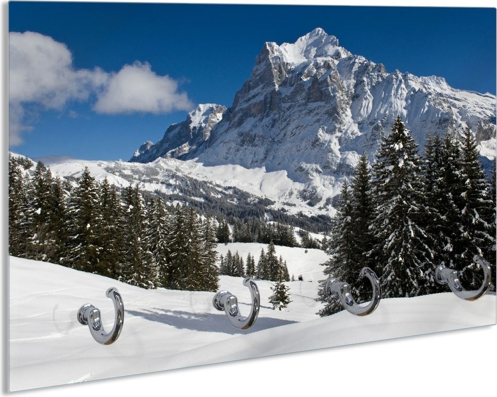 Wallario Schlüsselbrett aus Glas, Motiv: Verschneiter Berghang unter blauem Himmel, 30 x 20 cm mit 4 Haken