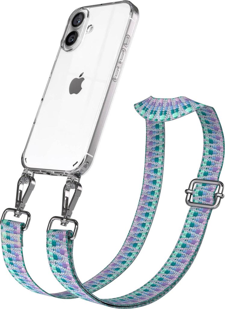 EAZY CASE Handykette - Verstellbarer Trageriemen kompatibel mit Apple iPhone 16, Handykordel mit transparenter Silikon-Hülle, Karabiner Silber, Zi...