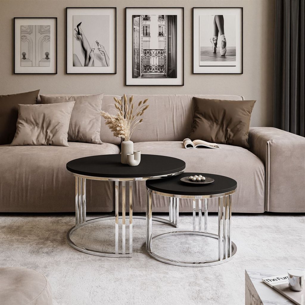 Runder Couchtisch 2in1 LORI silberner Chrom matt schwarz