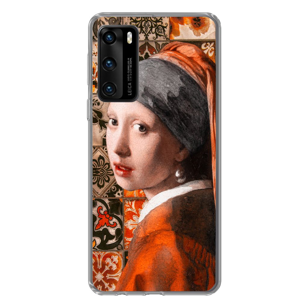 MuchoWow Handyhülle Schutzhülle Hülle für Huawei P40 Mädchen mit Perlenohrring - Kacheln - Vermeer Silikon Softcase Handy Hülle - Handytasche