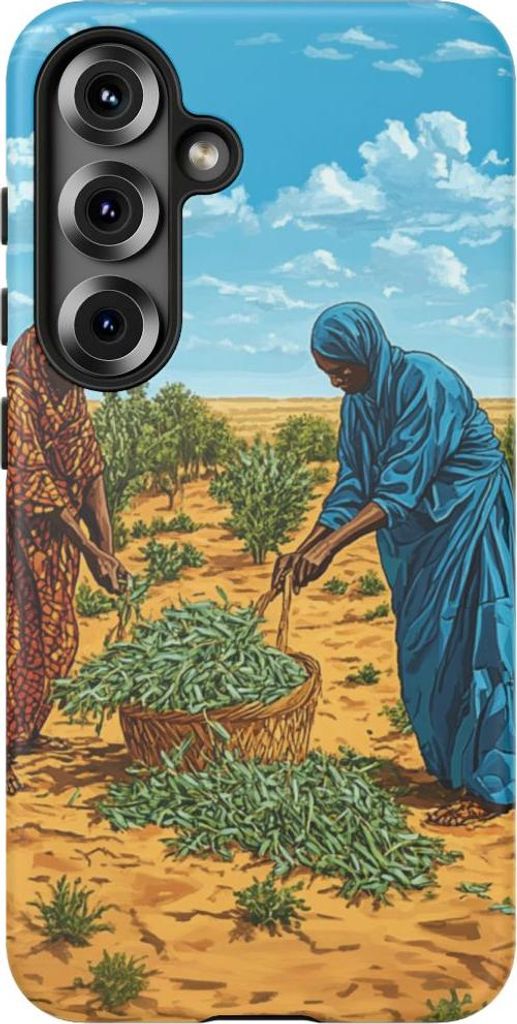 Frauen bei der Ernte von Grünpflanzen in Wüstenlandschaft – Hülle Kompatibel mit Galaxy S25