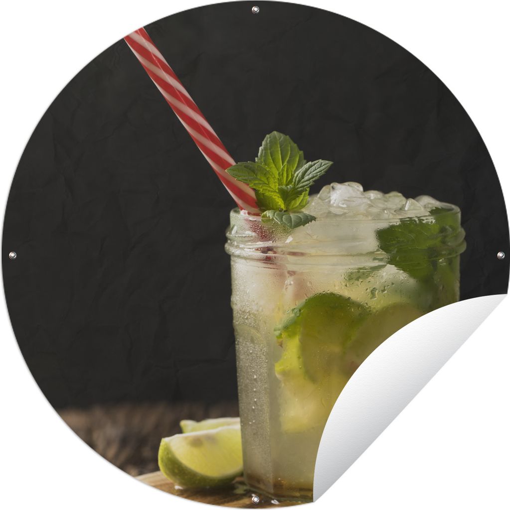MuchoWow Gartenposter Outdoor-Poster Rund Mojito mit rot-weißem Strohhalm Ø 150 cm Gartendeko Rundes Poster draußen