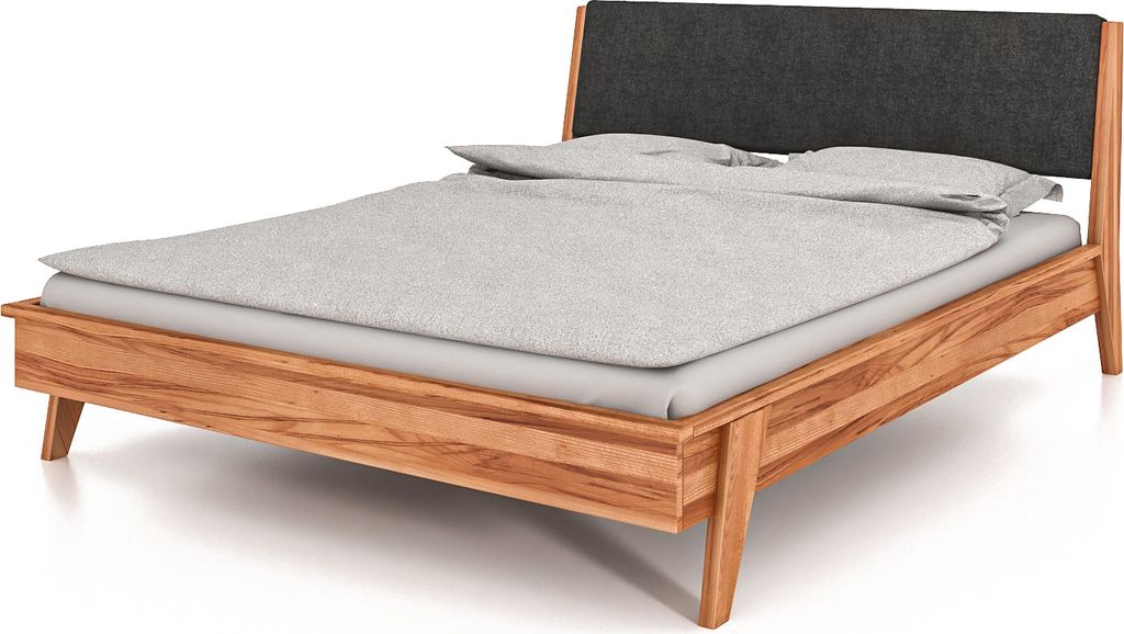 Bett RETRO 180 x 210 aus Massivholz, mit Polsterkopfteil, Naturgeölt