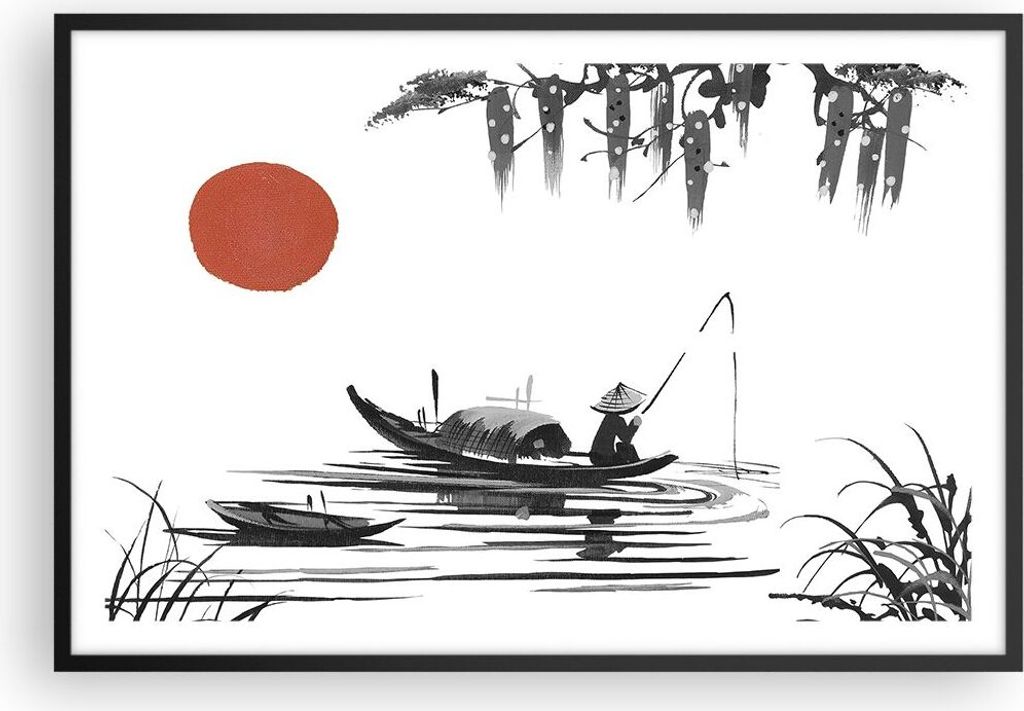 Gerahmtes Poster - Schwarzer Rahmen - China Angler Zeichnen - 91,5x61 cm - Wand Bild - Wanddeko - Wandbilder - Kunstposter - Wandposter - Bilderrah...