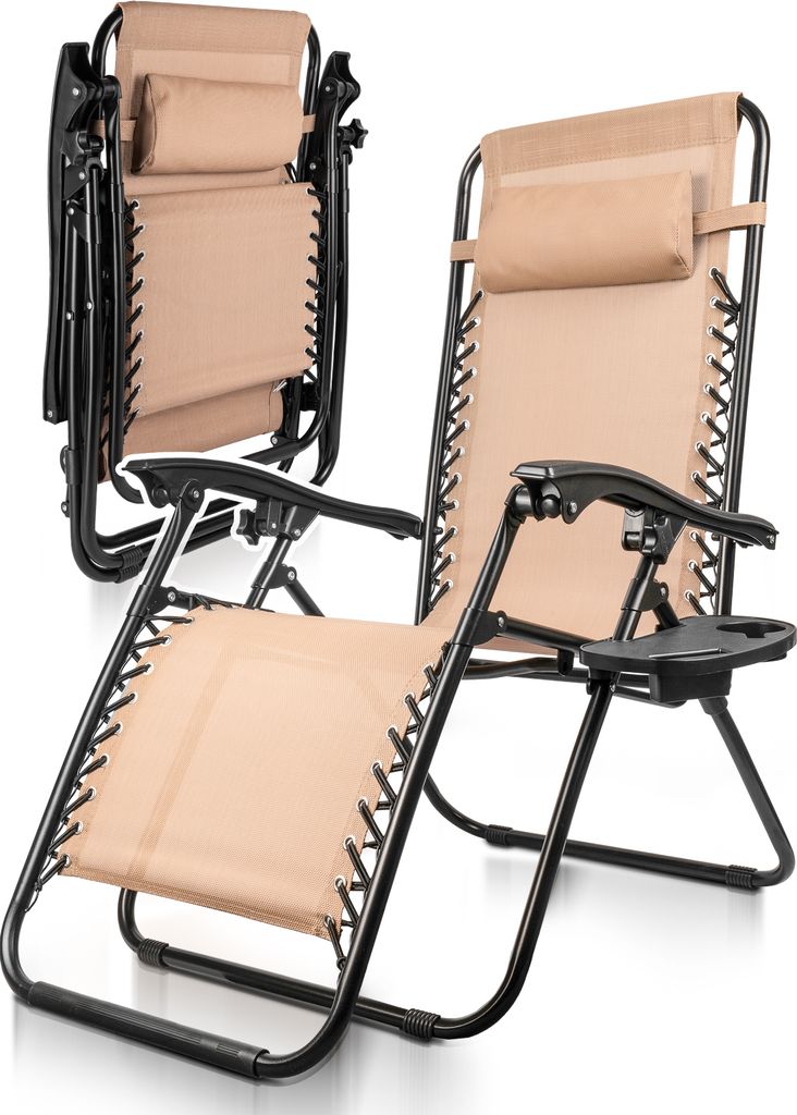 MalTec Sonnenliege Klappbar Paradies Beige Gartenliege weiche Kopfstütze Liege mit Regal stufenlose Einstellung