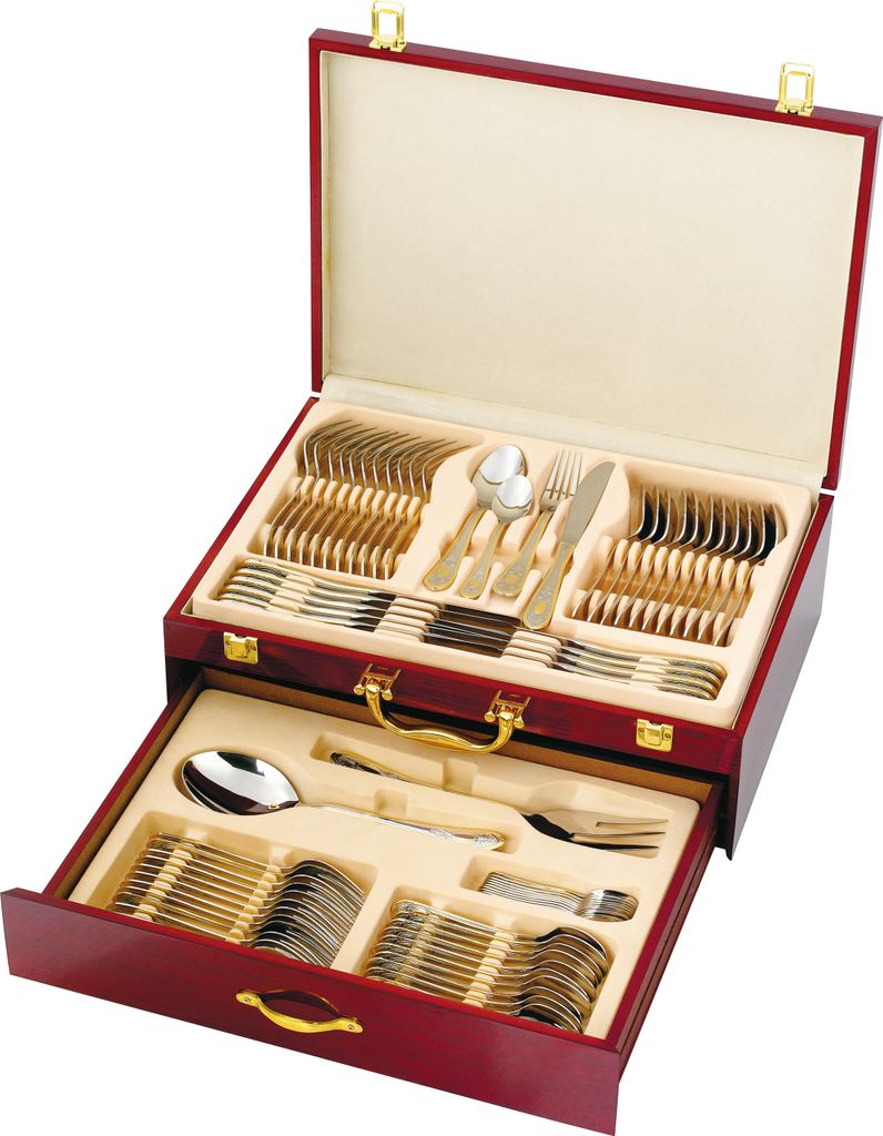 Luxus Besteckset mit Besteckkasten Holz 75 tlg12 Personen Edelstahl Holz Bicolor Gold Flora - edel und spülmaschinen fest