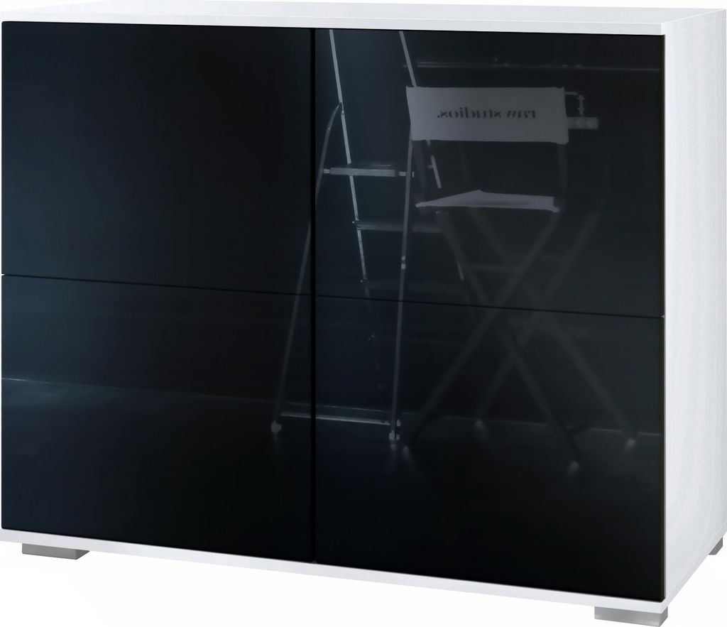Vladon Kommode Rova V3, Moderner Küchenschrank mit 4 Push-to-Open Türen Weiß matt / Schwarz Hochglanz (92,5 x 75.5 x 35)