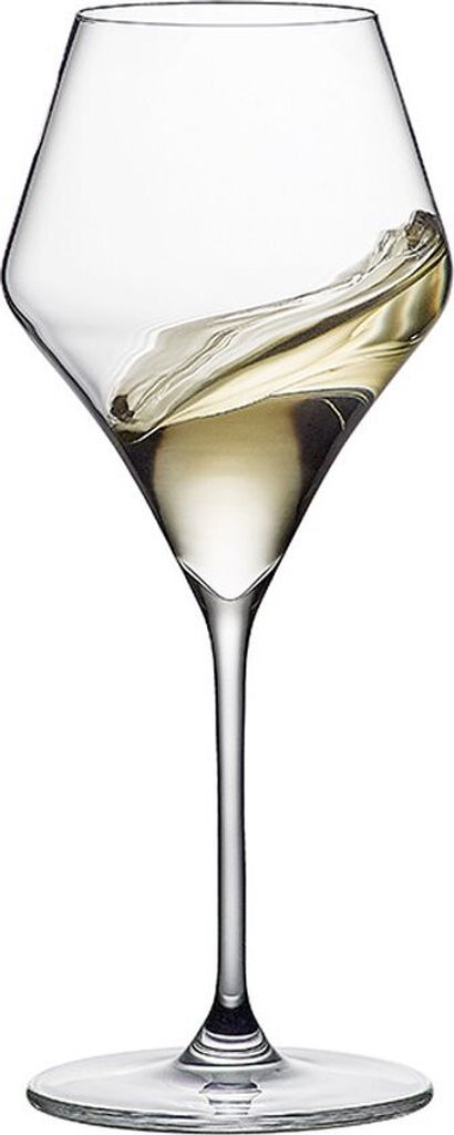 A single wine glass filled with white wine, with the wine sloshing.