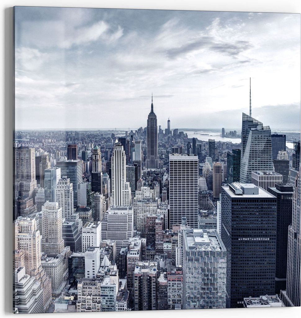 DEQORI Glasbild Echtglas 30x30 cm 'Blaue Skyline New York' Wandbild Bild modern Deko