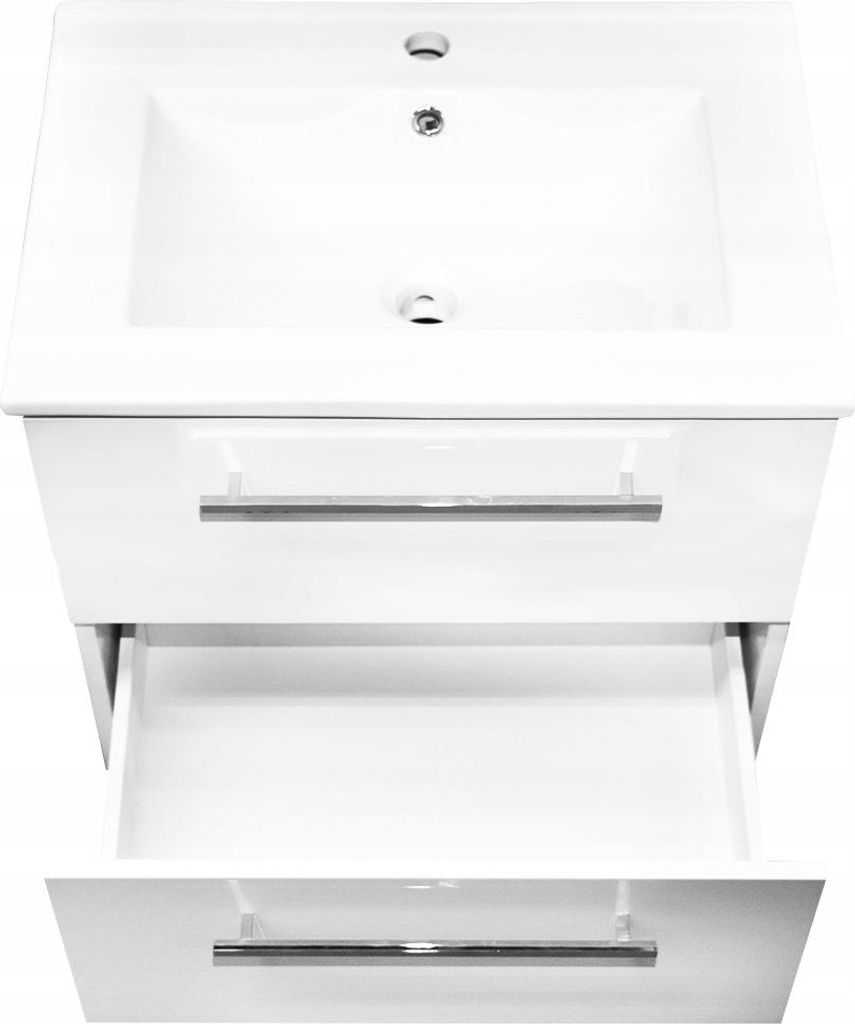 A white bathroom vanity with a sink and two open drawers, displayed against a white background.