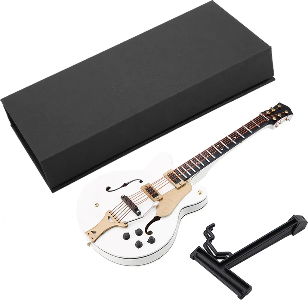 Décoration de bureau guitare miniature blanche en bois avec sa boîte