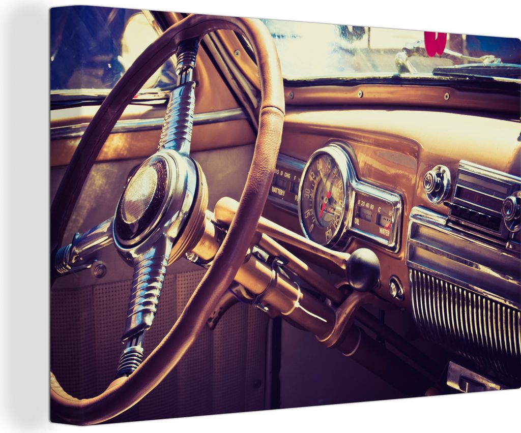 OneMillionCanvasses - Leinwandbilder - 150x100 cm, Mancave - Auto - Vintage - Lenkrad, Wandbilder Kunstdruck Wanddekoration