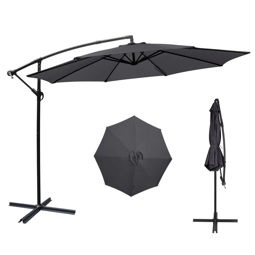 Parasol déporté Puluomis Ø300cm gris avec manivelle et cadre aluminium