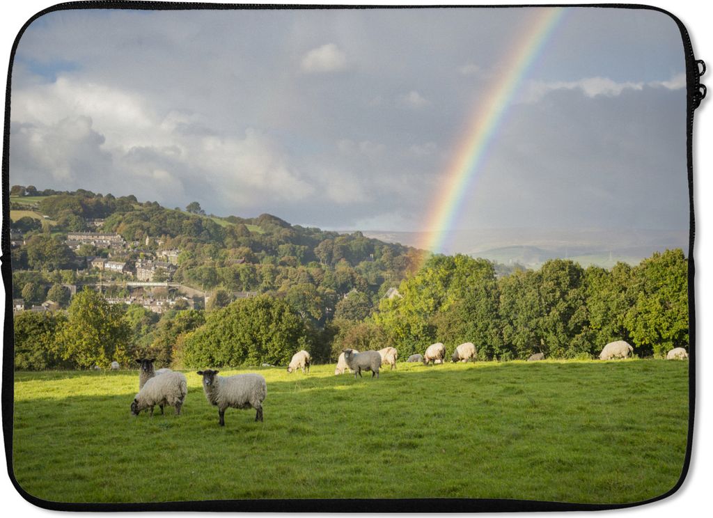 MuchoWow Laptop Hülle 14 ZollDie Schafe auf einer Wiese neben einem Regenbogen Laptoptasche - Laptoptasche - Stoßsicher - Schutzhaube