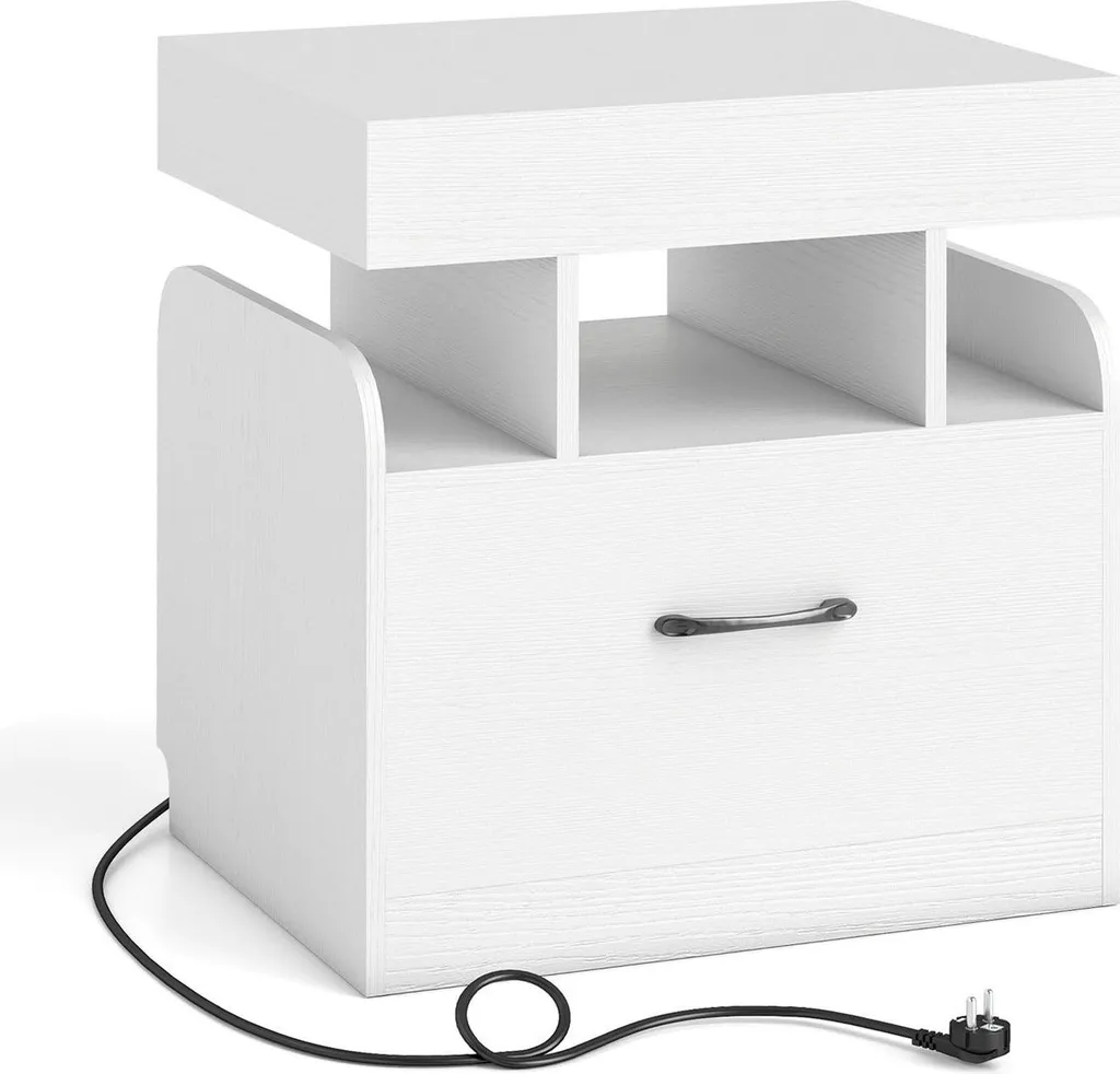 Table de nuit blanche avec prise USB et étagère de rangement, série Pure