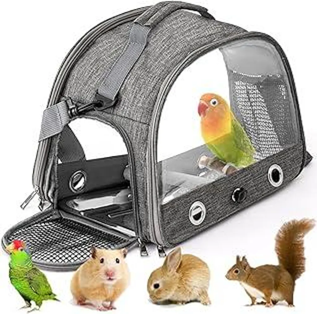 Zaino Trasporto Uccelli con Vassoio Estraibile e Asta Legno - Grigio