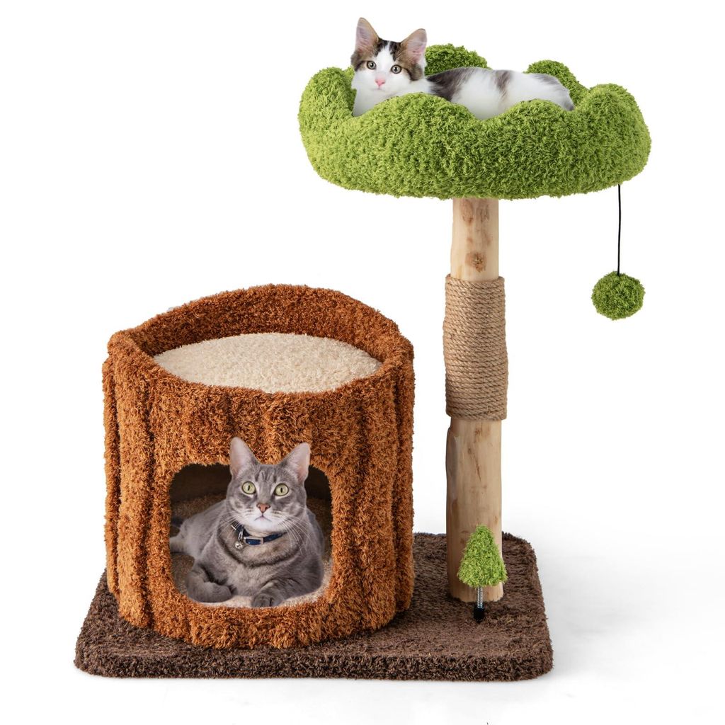 GOPLUS Kratzbaum mit Sisalpfosten, mehrstöckiger Katzenbaum mit Aussichtsplattform und Katzenhaus, mit Jutesäule & Ball, Braun, Grün