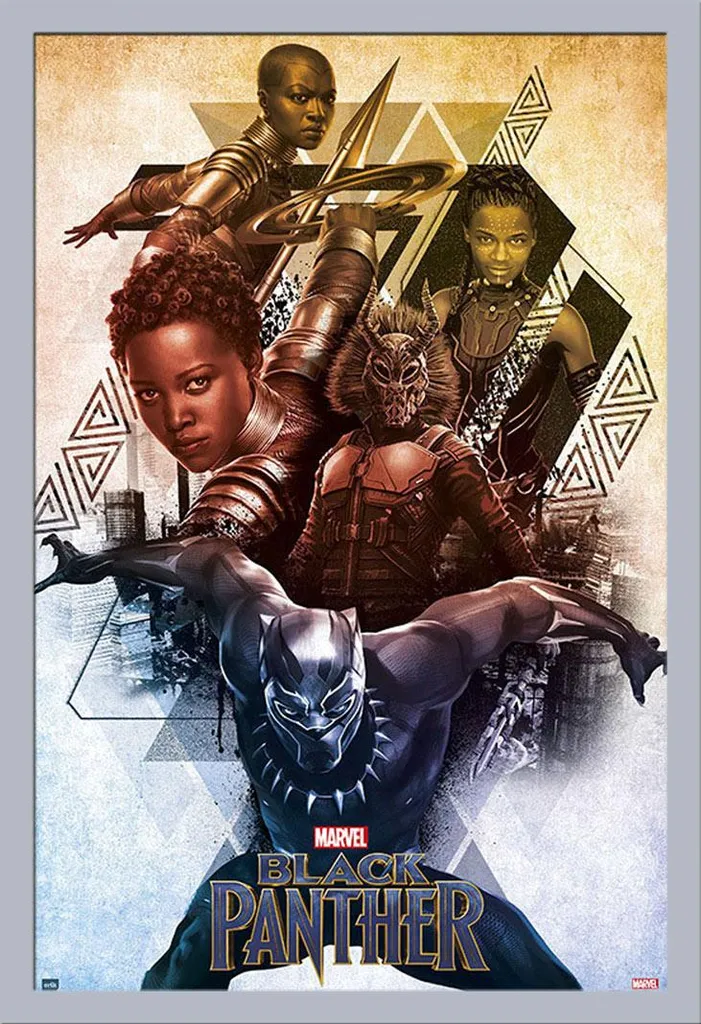 Black Panther - Poster - Personaggi + cornice rimovibile, Shinsuke® Maxi MDF argento, disco acrilico