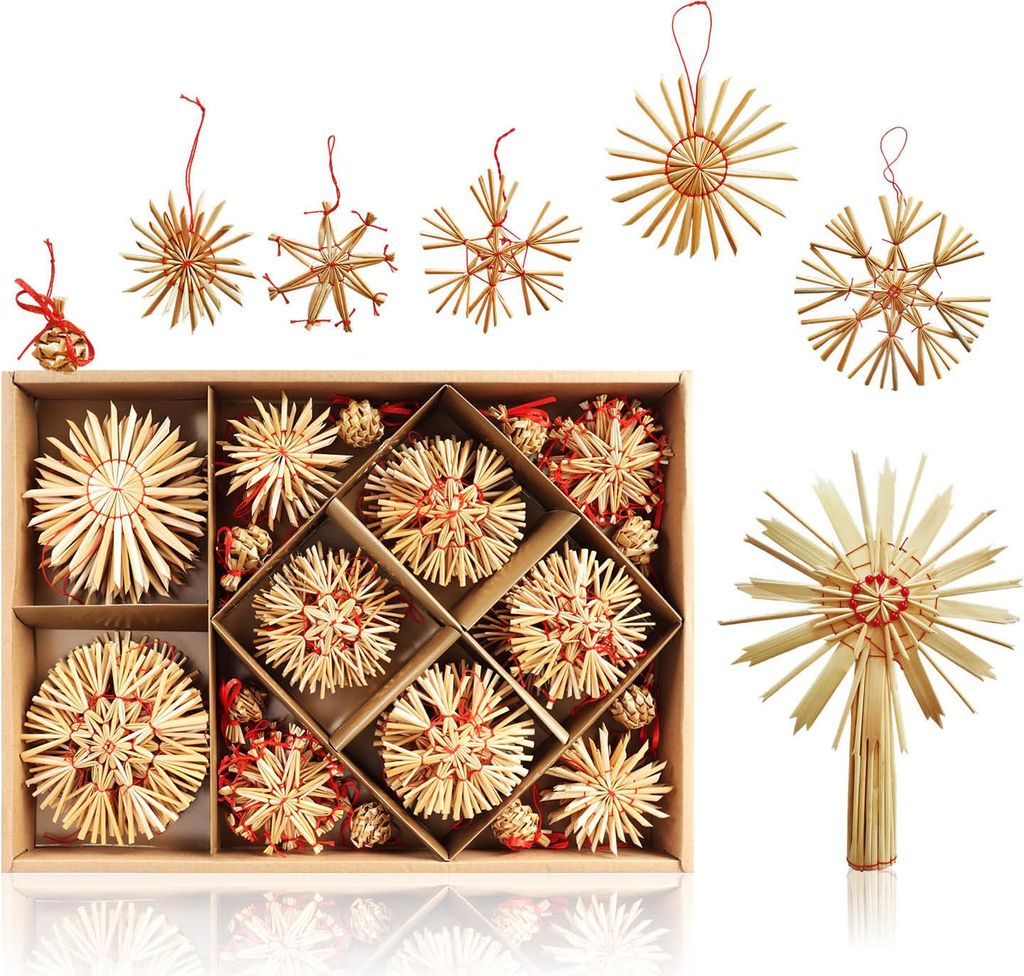 com-four 69-teiliges Set Strohsterne - Christbaum-Schmuck aus Stroh - Stroh-Anhänger für den Weihnachtsbaum mit Christbaumspitze - Weihnachtsde...