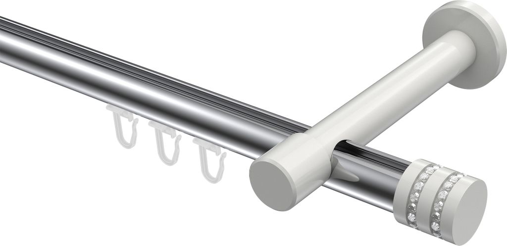 Interdeco Innenlaufstange / Gardinenstange mit Innenlauf Chrom / Weiß, Typ Prestige Estana (Glitzerkappe), 20 mm Ø 1-läufig, 160 cm