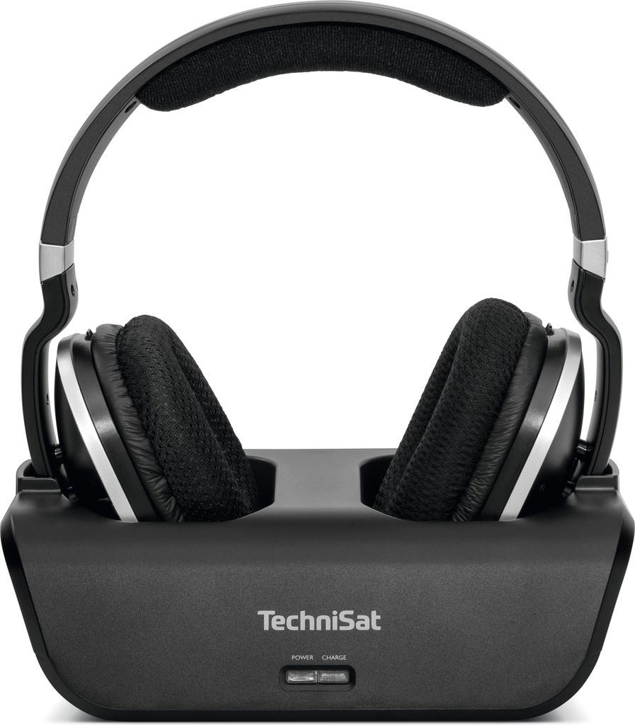 A pair of black wireless headphones with a charging dock, presented against a white background.