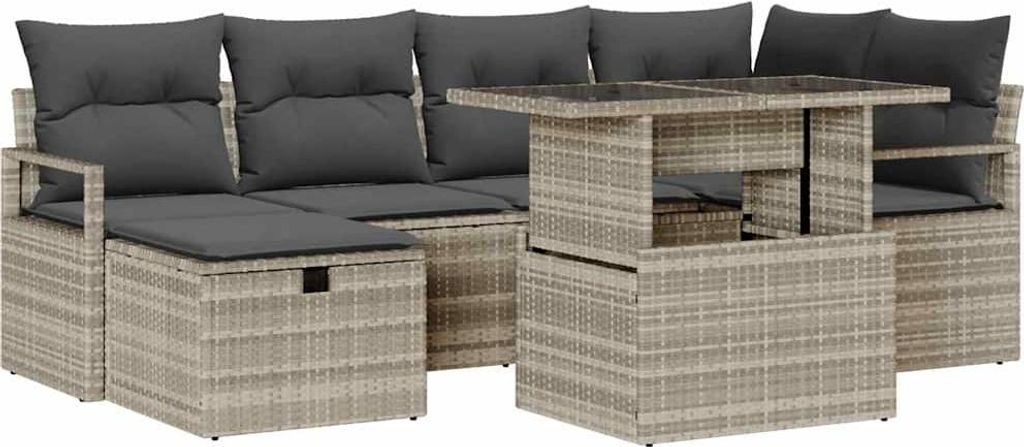 vidaXL Garten-Sofa-Set mit Kissen 7 pcs Hellgrau Poly Rattan