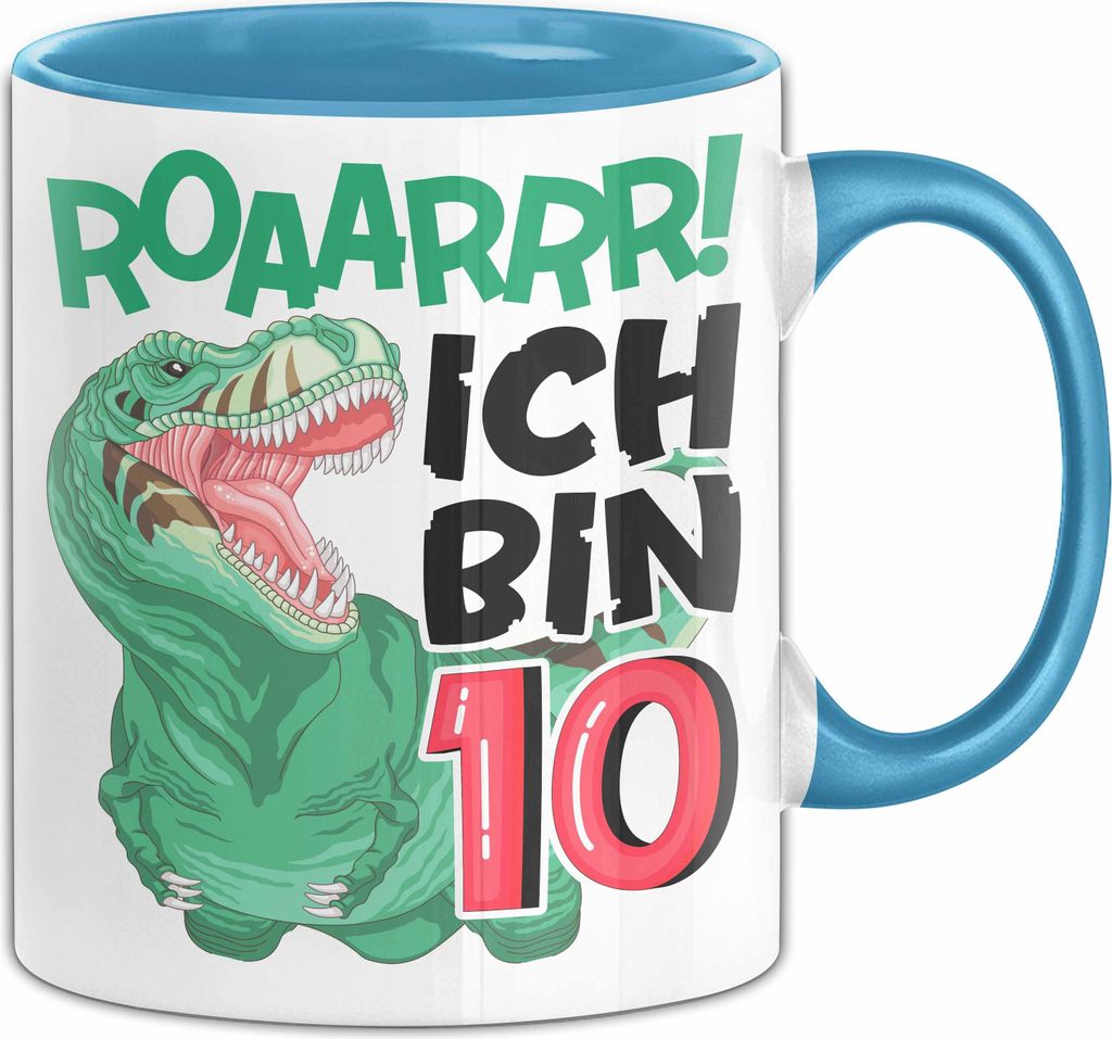 10. Geburtstag Geschenk Tasse Becher Jungs Dino T-Rex Roaarrr Ich Bin 10 (Blau)