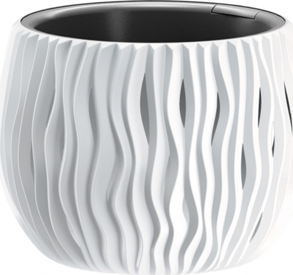 A white planter with a wavy, textured exterior and a black interior.
