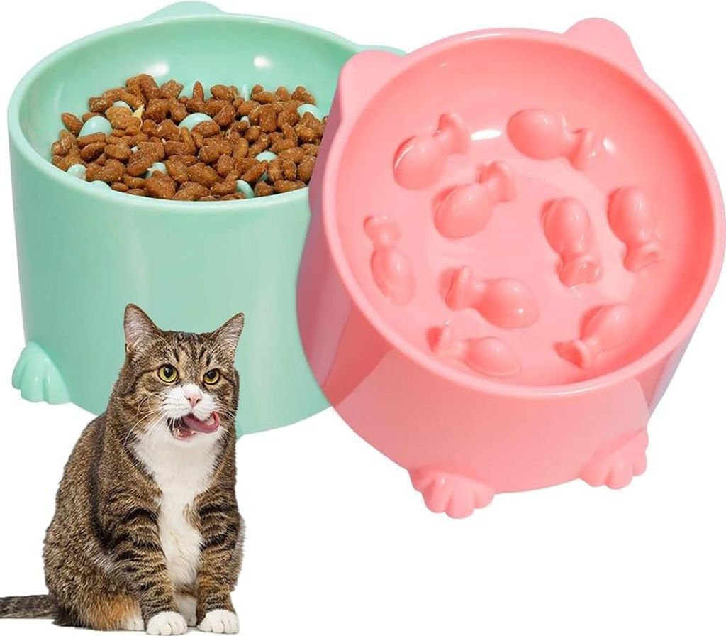 Set mit 2 erhöhten Futternäpfen mit Fressbremse – für Katzen und kleine Hunde