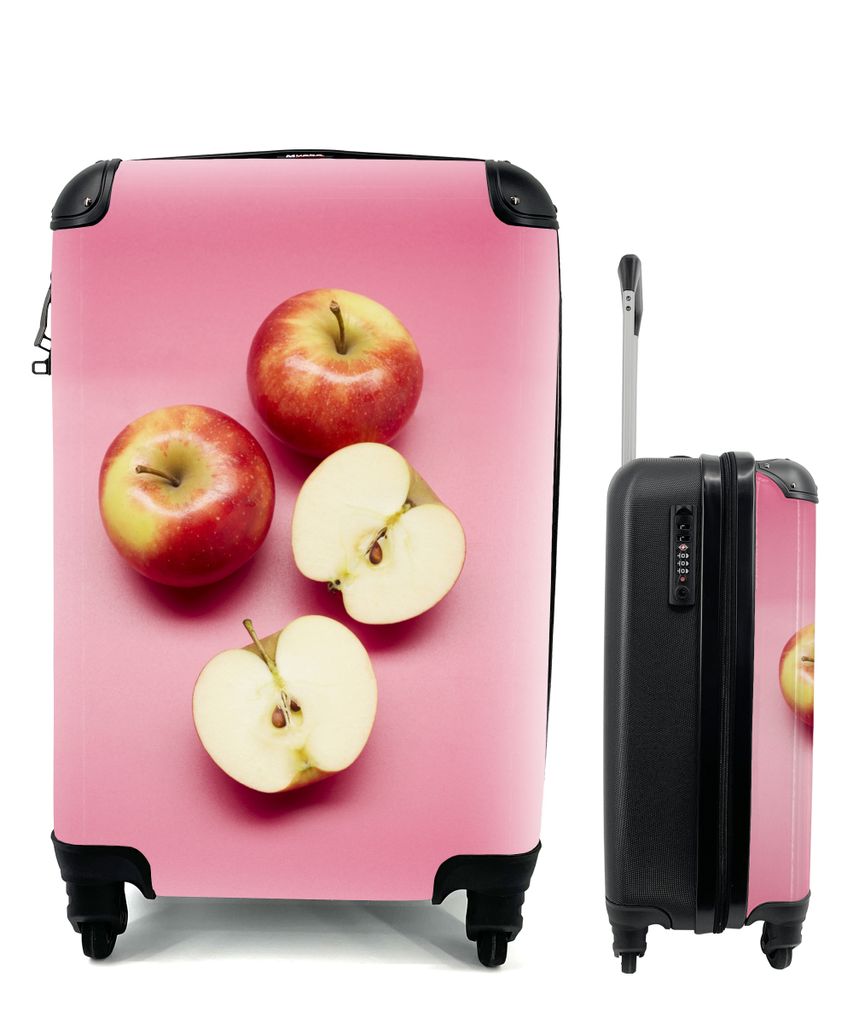 MuchoWow Koffer Handgepäck Trolley Rollkoffer Kleine Reisekoffer mit 4 Rollen - Apfel - Obst - Rosa - Cabin Size < 55x40x23 cm & 55x40x20 cm - F...