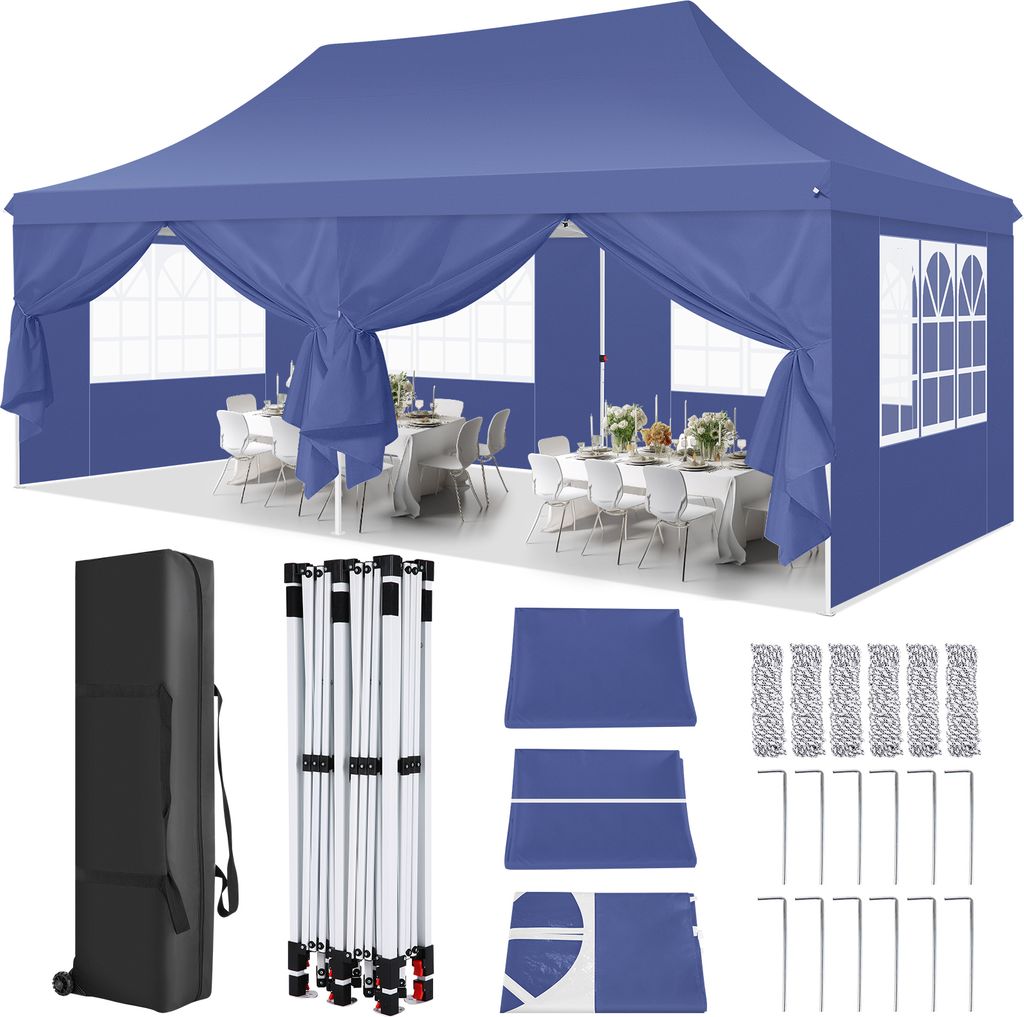 Faltpavillon 3X6m Wasserdicht Stabil Pavillon, Partyzelt Faltbar mit 6 Seitenteilen,Upgrade-Hochdach und Tragetasche, UV 50+, Dunkelblau
