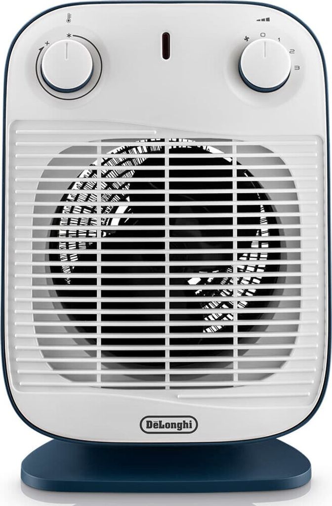 A white and blue De'Longhi portable electric heater with a fan is shown from the front on a white background.