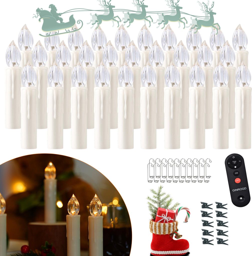 UISEBRT 30er Set LED Christbaumkerzen - Flammenlose Warmweiß LED Kerzen, Kabellos mit Timer & Fernbedienung, Weihnachtsbeleuchtung, Lichterkette, ...