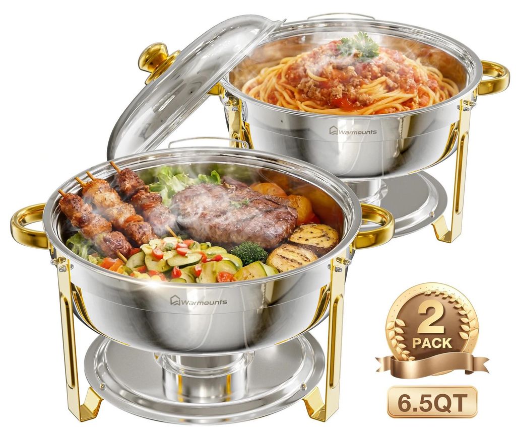 Buffet Warmhaltebehälter Edelstahl - Runde Chafing Dishes 6,5 QT (6,1 l) - Speisenwärmer für Buffet & Catering - Set mit 2 Stück