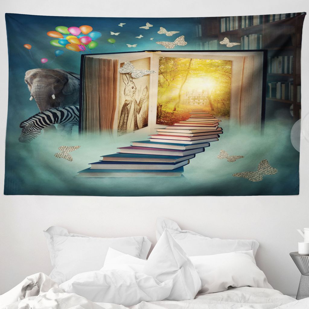 ABAKUHAUS Fantasie Wandteppich, Magic Book und Tiere aus Weiches Mikrofaser Stoff Waschbar ohne Verblassen Digitaldruck, 230 x 140 cm, Teal und Gelb