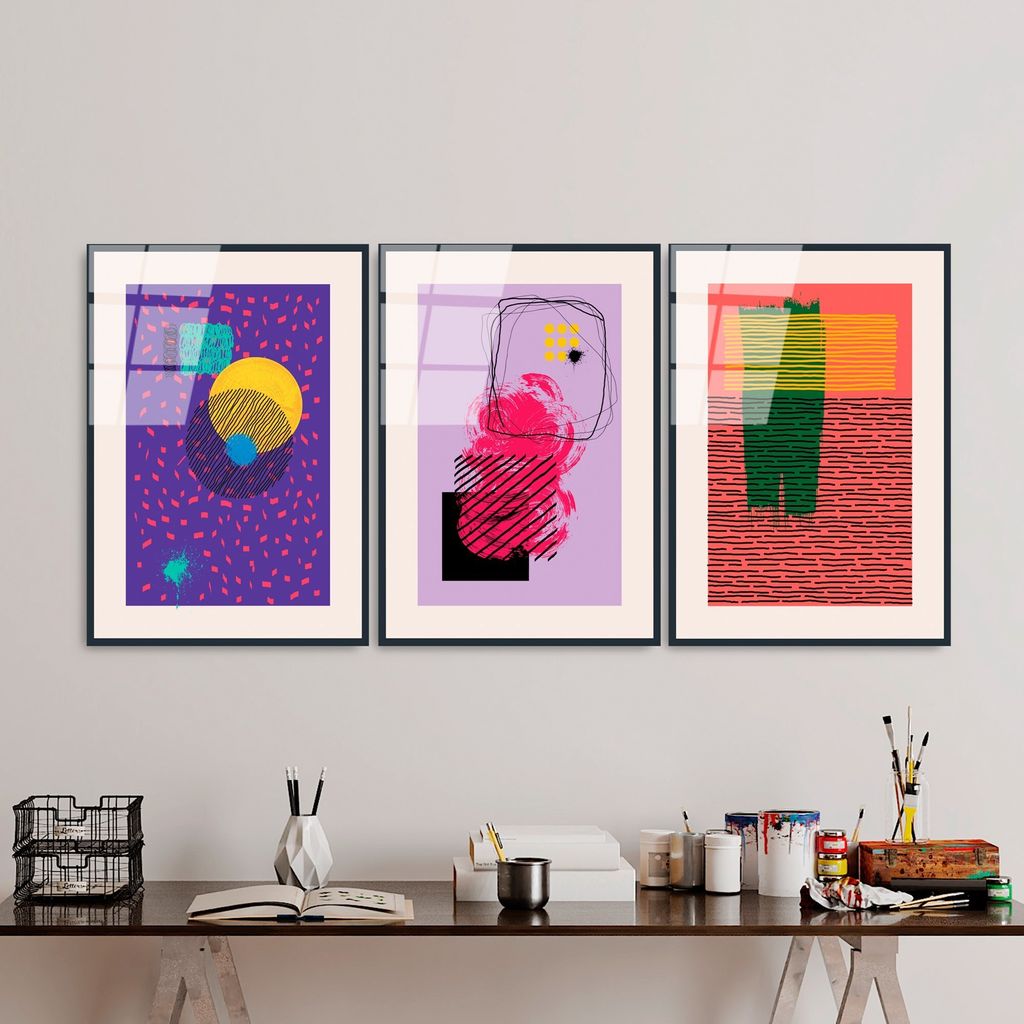 Wallity, UV-940 - 45 x 65, Dekoratives Gemälde aus gehärtetem Glas (3 Stück), Mehrfarbig, 100 % gehärtetes Glas, 45 x 65 cm