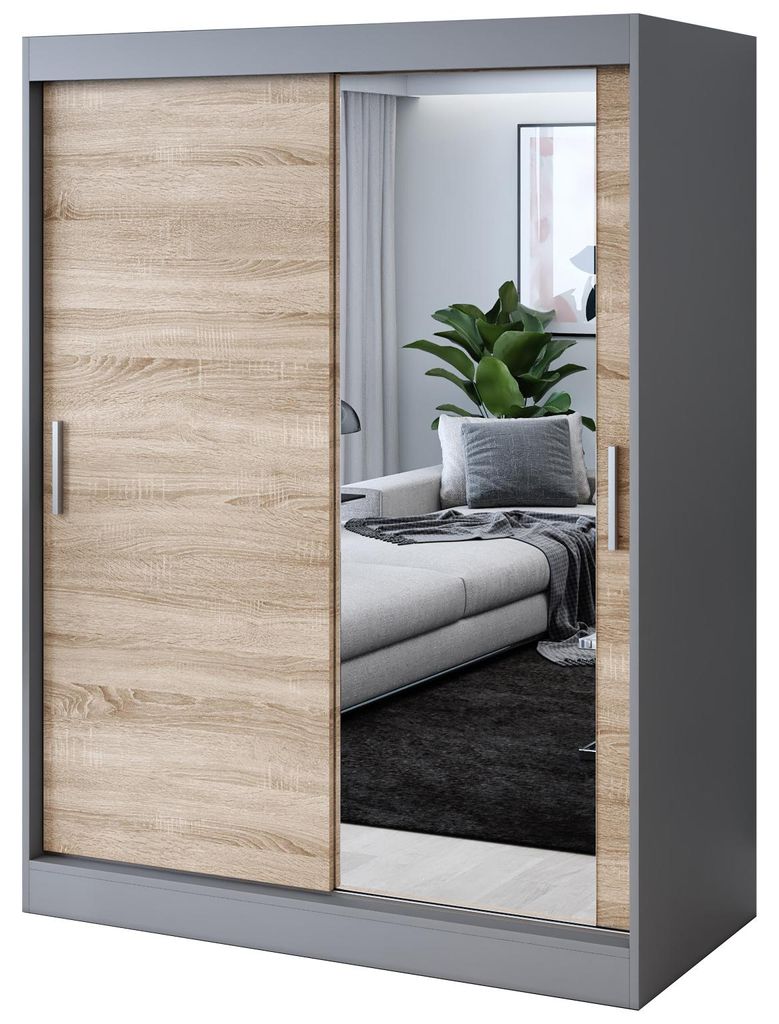 Kleiderschrank mit Spiegel - 150x200cm - Anthrazit Matt & Sonoma Eiche - Schiebetürenschrank HUGO - 2-türig - mit 2 Kleiderstangen