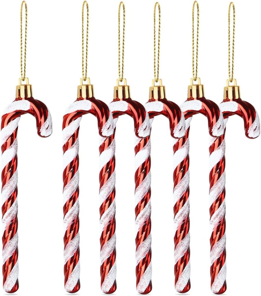 6x Zuckerstangen rot-weiß – glitzernder Baumschmuck für Produktbild 